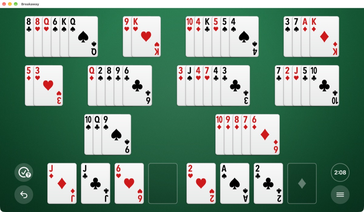A game in a Mac window: the stacks in rows, with the free cells, foundations, and buttons in one row beneath them
